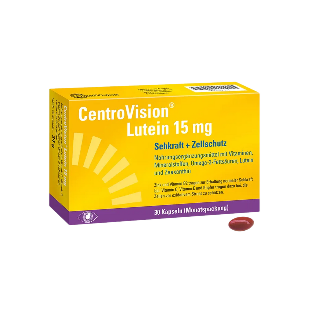CentroVision Lutein 15 mg | Lutein, Zeaxanthin, Omega-3, Vitamin B2 & Zinc for Normal Vision | 30 Capsules | PZN 15401294