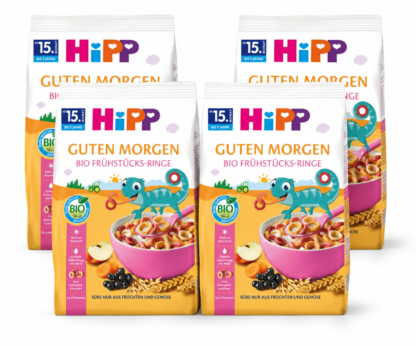 HiPP Organic Breakfast Rings for Children 120 g × 4 Bags | From 2 Years | Organic Whole Grain Cereal | No Added Sugar | 3 Flavors | Made in Austria | GTIN 4062300454101