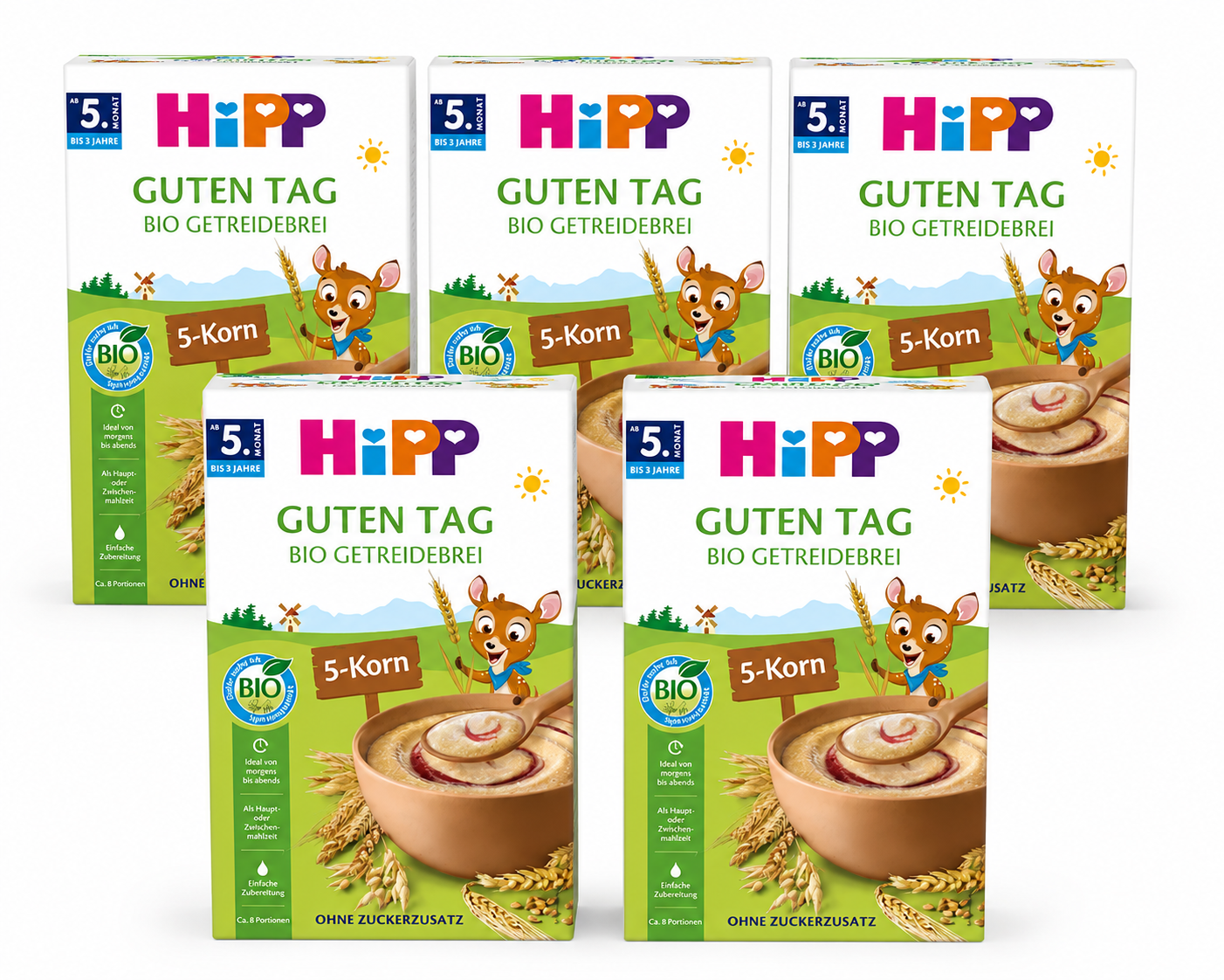 HiPP Organic Baby 5-Grain Cereal 200 g × 5 Boxes | From 5 Months | Organic Whole Grain Multi-Grain Cereal | Vitamin B1 | No Added Sugar | Made in Germany