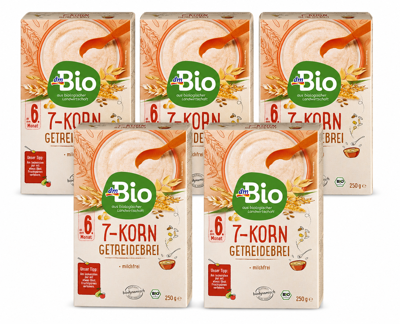 dmBio Organic 7-Grain Baby Cereal 250 g × 5 Boxes | From 6 Months | Organic Whole Grain Multi-Grain Cereal | Vitamin B1 | No Added Sugar | Vegan | Made in Austria