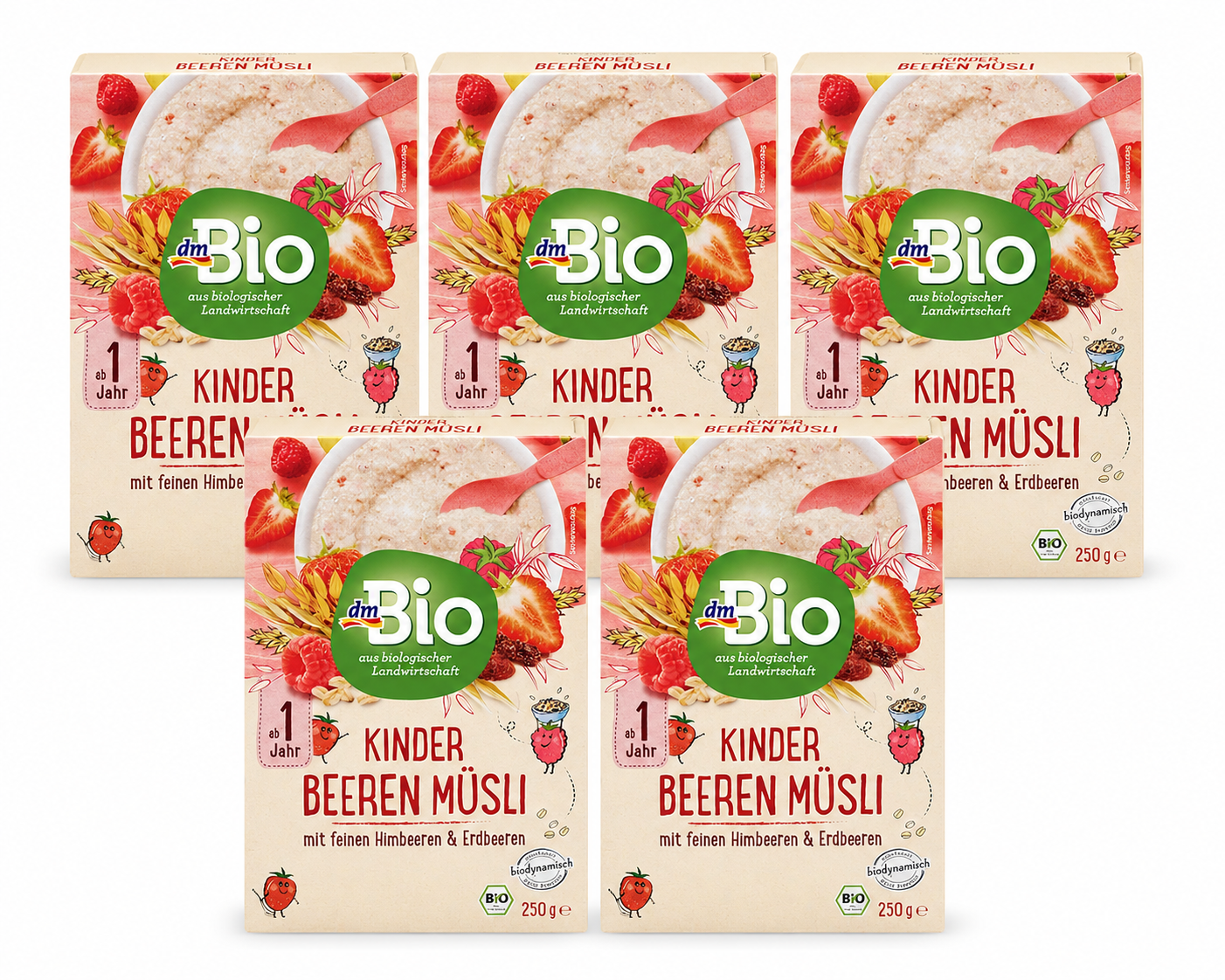 dmBio Berry Children's Muesli 250 g × 5 Boxes | From 1 Year | Organic Whole Grain Muesli with Raspberry & Strawberry | No Added Flavours | Vegan | Made in Germany