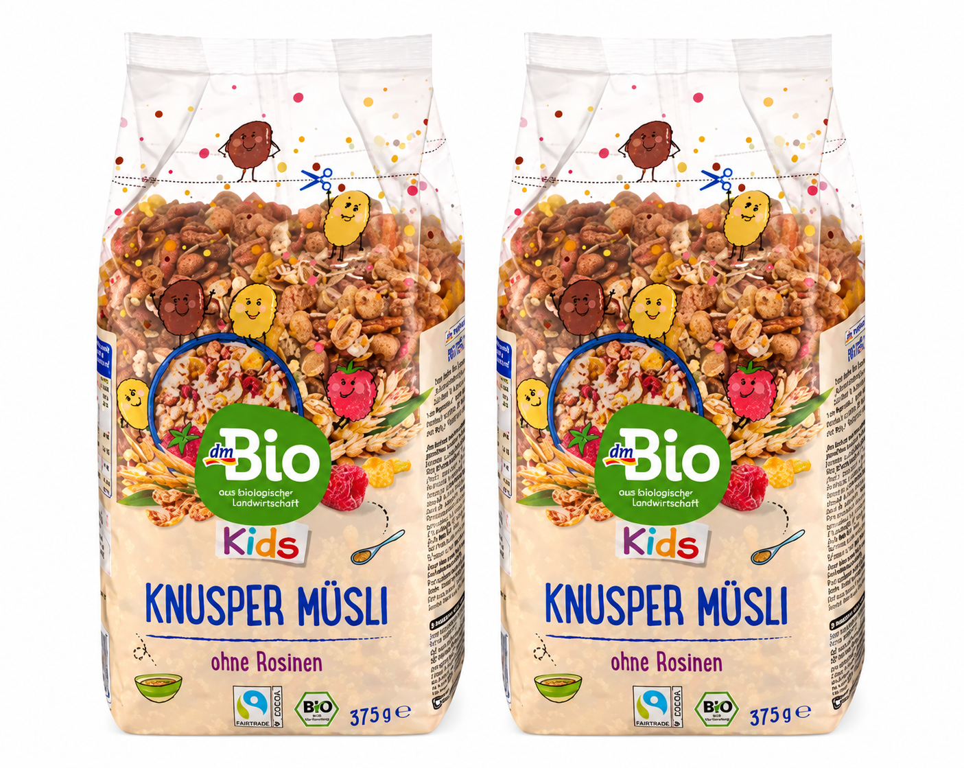 dmBio Kids Crunchy Muesli 375 g × 2 Boxes | Organic Whole Grain Crunchy Cereal | Chocolate & Raspberry | No Raisins | Vegetarian | Made in Germany