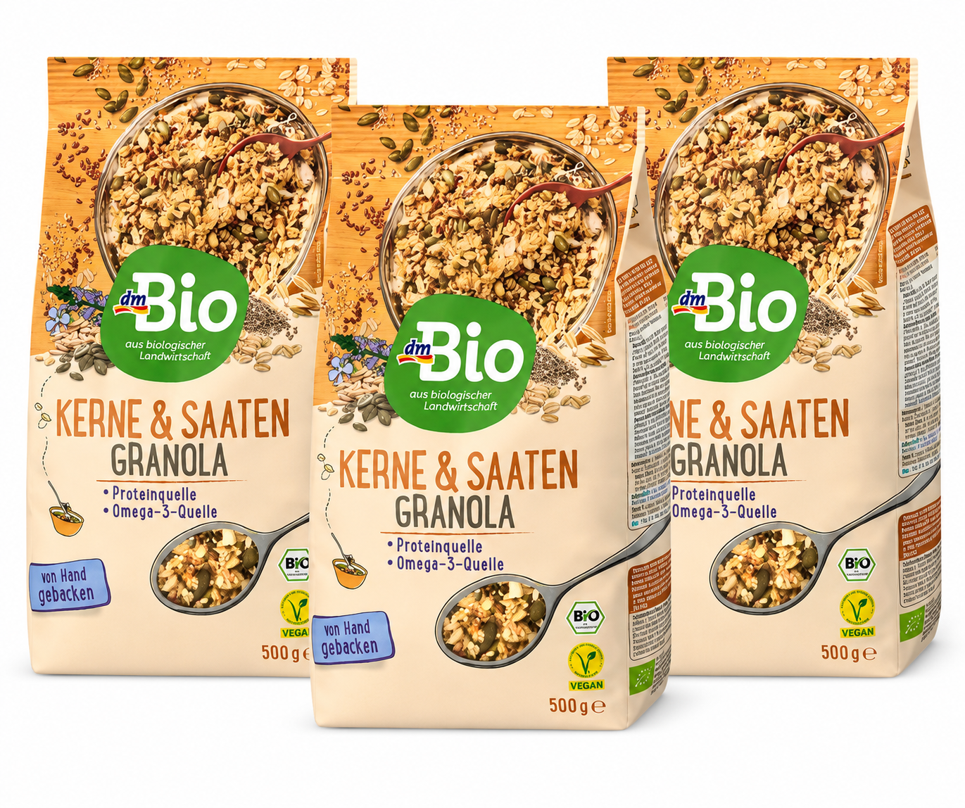 dmBio Seeds & Kernels Granola 500 g × 3 Bags | Organic Crunchy Granola | High in Protein | Source of Omega-3 | Vegan | Oven Baked | Made in Austria