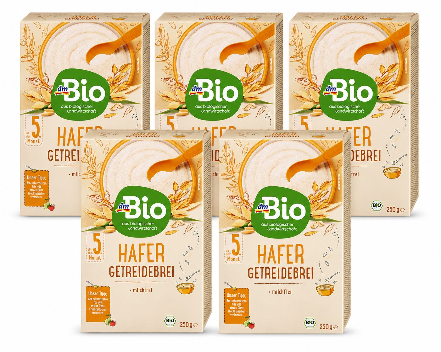 dmBio Organic Oat Baby Cereal 250 g × 5 Boxes | From 5 Months | Organic Whole Grain Oats | Vitamin B1 | No Added Sugar | Milk-Free | Vegan | Made in Austria