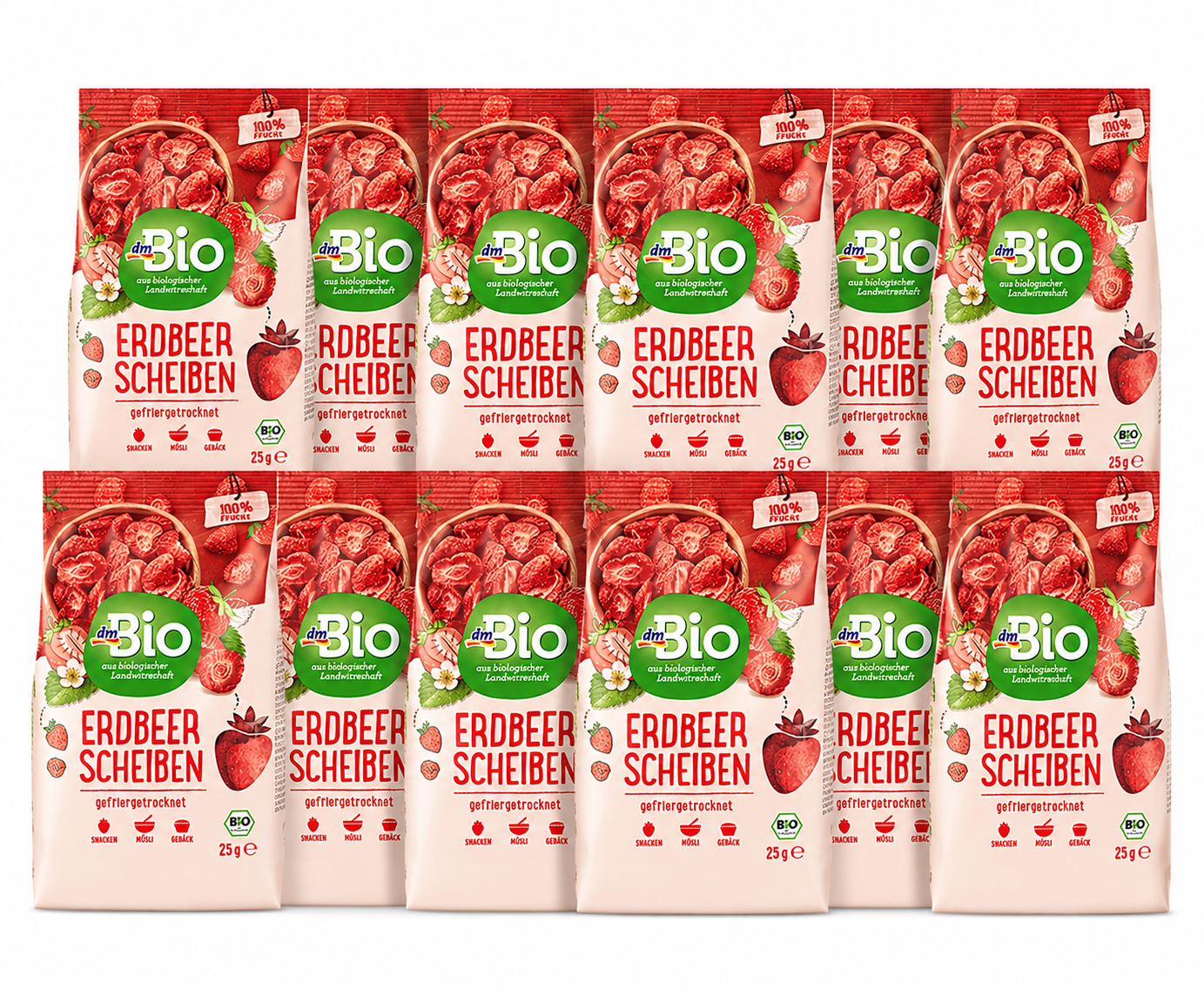 dmBio Freeze-Dried Organic Strawberry Slices 25 g × 12 Bags | 100% Organic Strawberries | Vegan | Gluten Free | No Added Sugar | Freeze-Dried | Made from Organic Strawberries