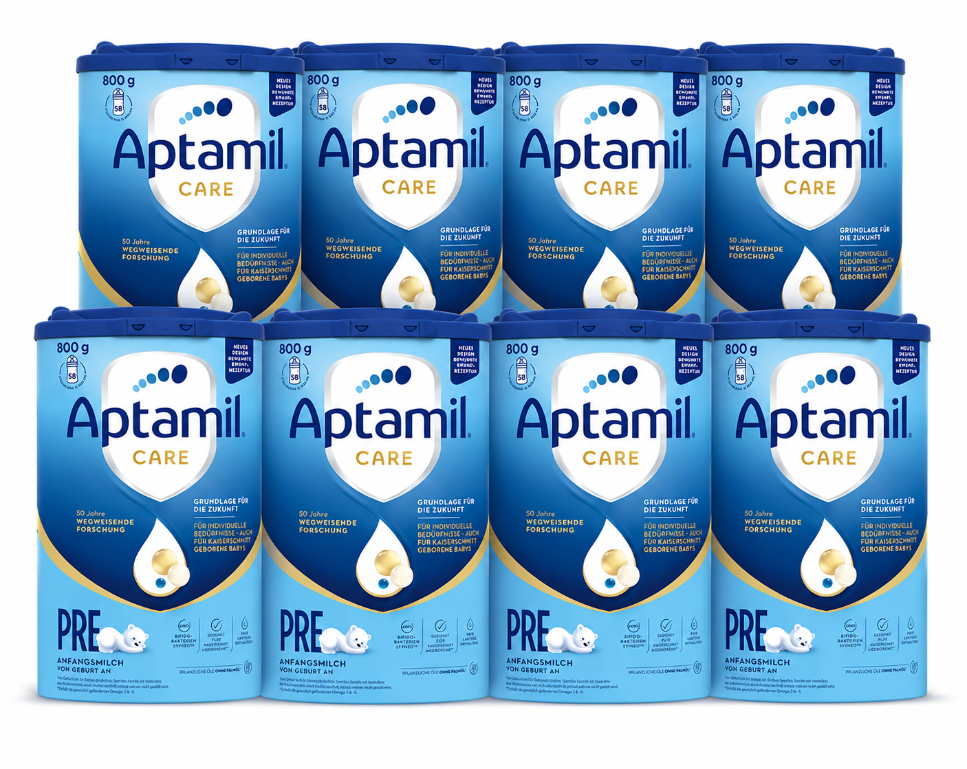 Aptamil Care Pre Infant Formula 800 g × 8 Cans | From Birth | SYNEO™ with Bifidobacterium breve M-16V | 2'-FL HMO | DHA | Palm Oil Free | Made in Germany
