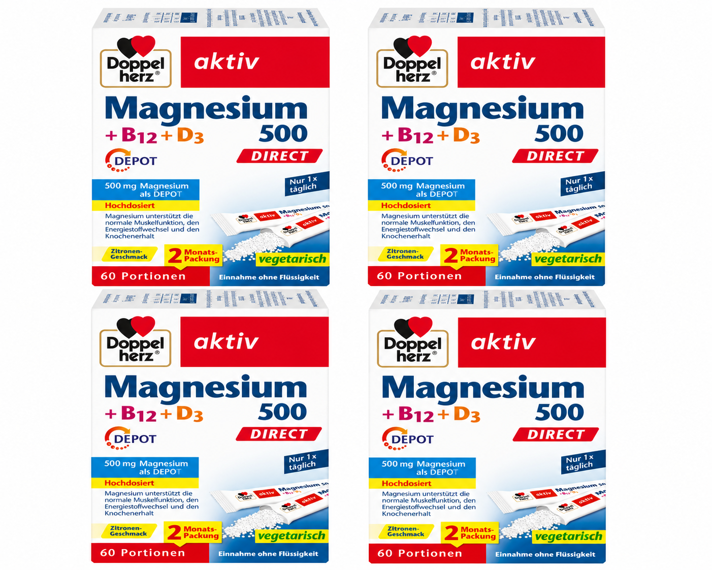 Doppelherz Magnesium 500 + B12 + D3 Depot Direct Pellets 240 Sachets | Family Value Pack | 4 × 60 Sachets | High Strength Magnesium Depot | Lemon Flavor | Sugar Free | Made in Germany | PZN 18390645