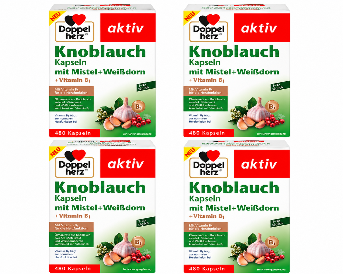 Doppelherz Garlic Capsules 1920 Capsules | Family Value Pack 4 × 480 Capsules | Garlic, Hawthorn, Mistletoe & Vitamin B1 | Heart & Nervous System Support | Made in Germany | PZN 19765739