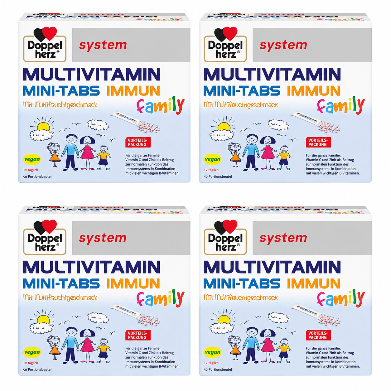 Doppelherz system Multivitamin Mini-Tabs Family 200 Sachets | Family Value Pack | 4 × 50 Sachets | Multivitamins & Zinc | Mixed Fruit Flavor | For Children 4+ & Adults | Made in Germany | PZN 19962322