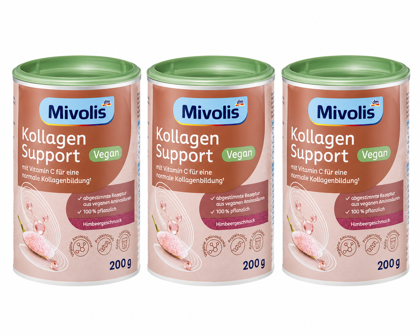 Mivolis Vegan Collagen Support Powder 600 g | Value Pack 3 × 200 g | Amino Acid Complex, Vitamin C & Zinc | Raspberry Flavor | Vegan | Made in Switzerland
