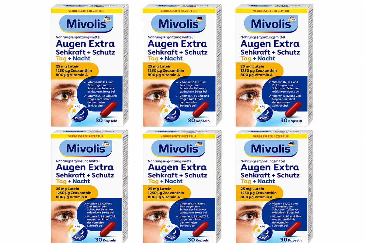 Mivolis Eye Extra Vision Protection Day & Night 180 Capsules | Value Pack | 6 × 30 Capsules | Lutein, Zeaxanthin, Bilberry Extract, Vitamin A, C, E & Zinc | Eye Health Support | Vegan | Made in Germany