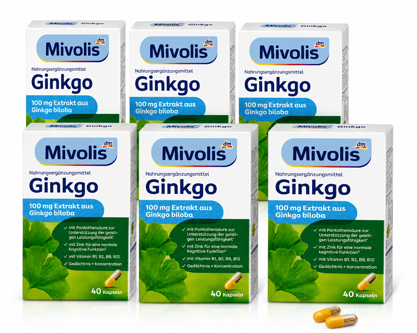 Mivolis Ginkgo Capsules | Value Pack 6 × 40 Capsules | 100 mg Ginkgo Biloba Extract, Zinc & B Vitamins | Memory & Concentration Support | Made in Germany