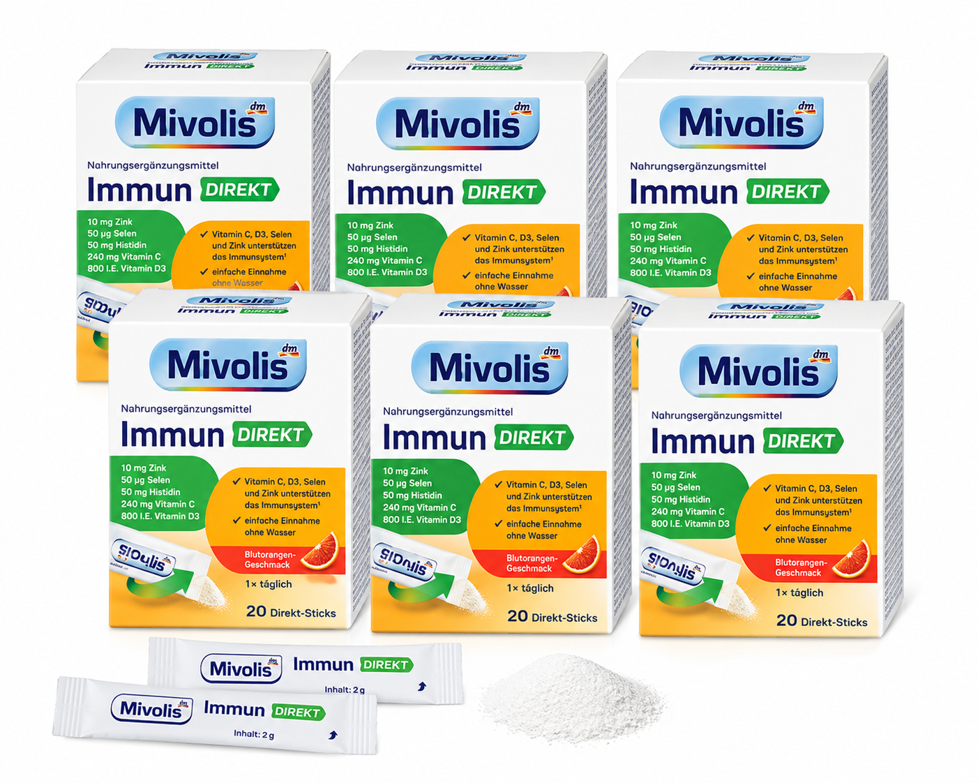 Mivolis Immun DIREKT Sticks | Value Pack 6 × 20 Sticks | Vitamin C, Vitamin D3, Zinc, Selenium & L-Histidine | Blood Orange Flavor | Made in Germany