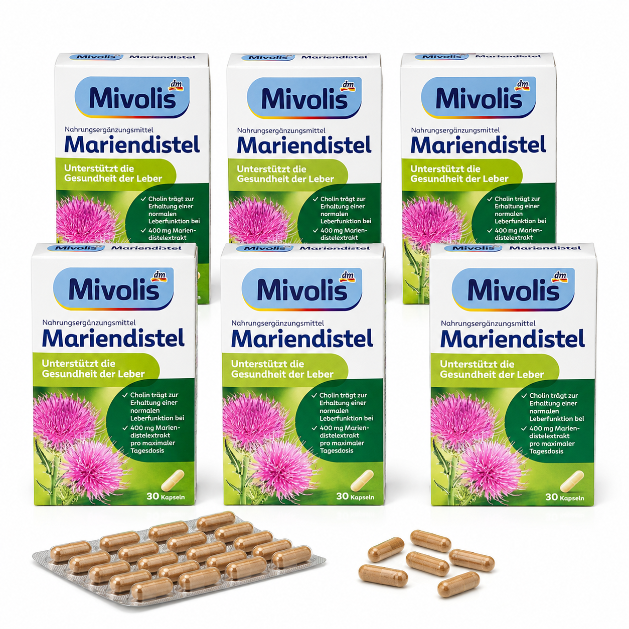 德国原装 Mivolis 水飞蓟保肝护肝胶囊 | 超值装 6盒 × 30 粒胶囊 | 水飞蓟提取物、水飞蓟素和胆碱 维持正常的肝功能，缓解疲劳和压力，改善亚健康