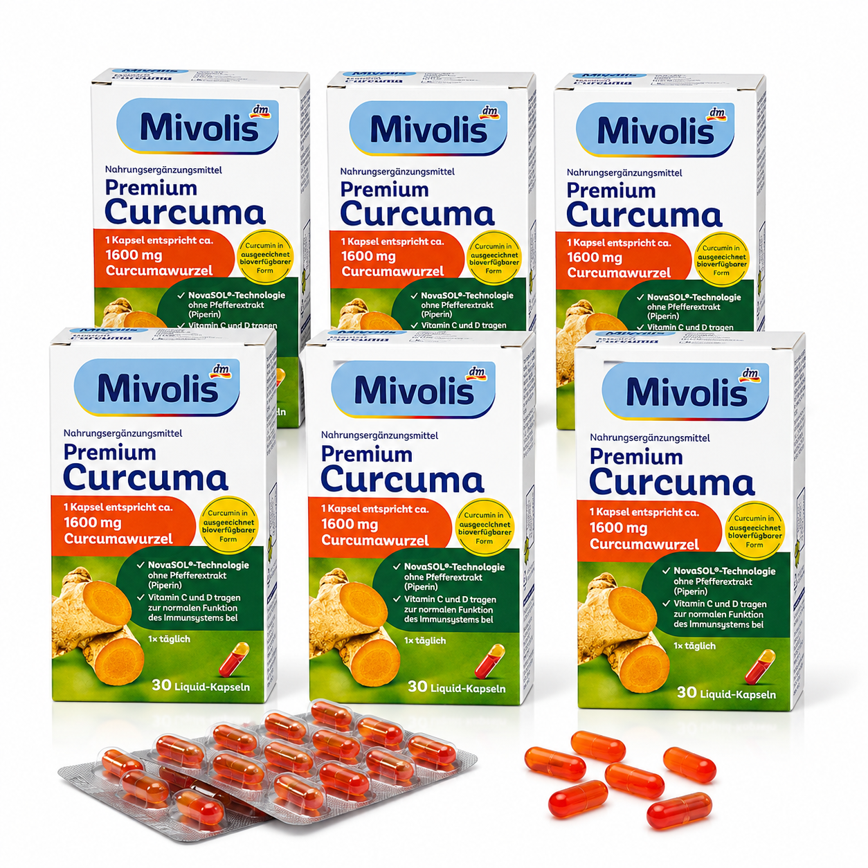 Mivolis Premium Curcuma Liquid Capsules | Value Pack 6 × 30 Capsules | NovaSOL® Curcuma Extract, Vitamin C & Vitamin D3 | High Bioavailability | Made in France