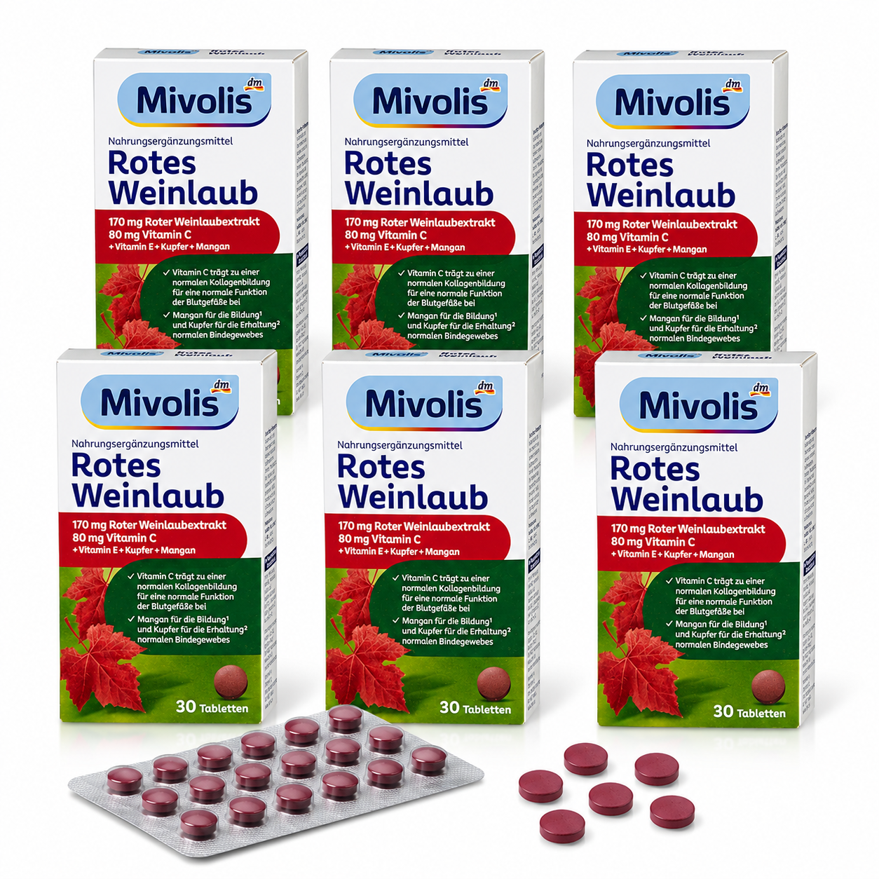 Mivolis Red Vine Leaf Tablets | Value Pack 6 × 30 Tablets | 170 mg Red Vine Leaf Extract, Vitamin C, Vitamin E, Copper & Manganese | Made in Germany