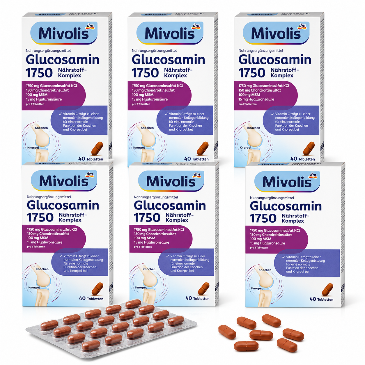 Mivolis Glucosamine 1750 Tablets | Value Pack | 6 × 40 Tablets | 1,750 mg Glucosamine Sulfate, Chondroitin, MSM, Hyaluronic Acid, Vitamin C, Vitamin D3 & Zinc | Made in Germany