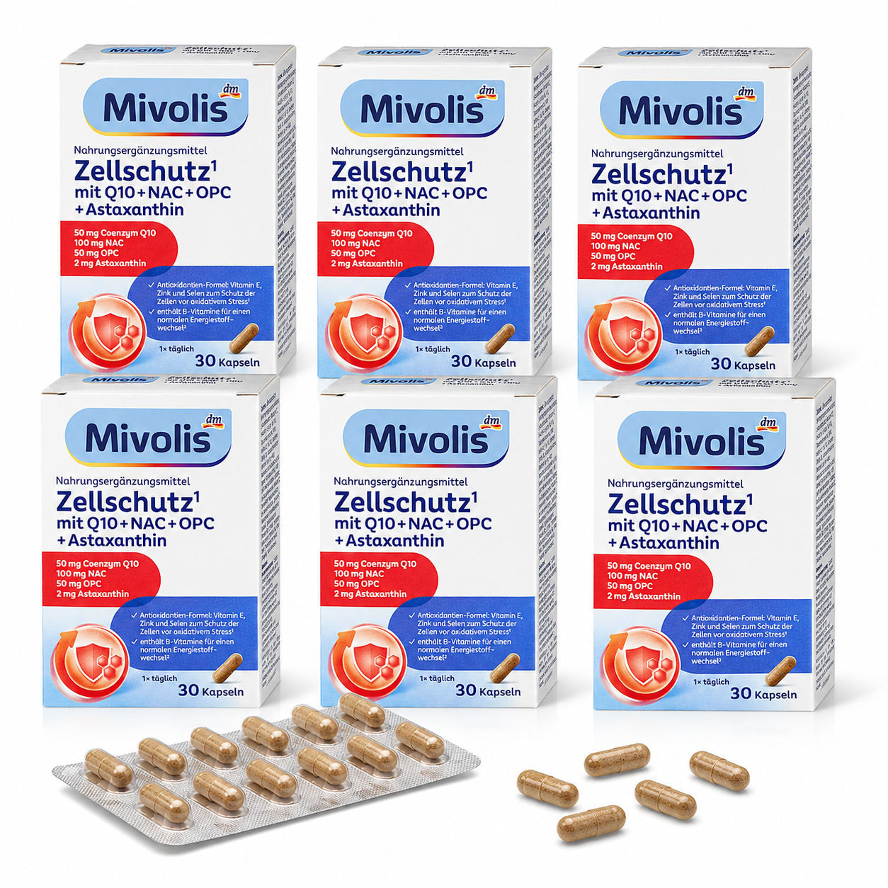 Mivolis Cell Protection Capsules | Value Pack 6 × 30 Capsules | Coenzyme Q10, NAC, OPC, Astaxanthin, Vitamins C & E, Zinc & Selenium