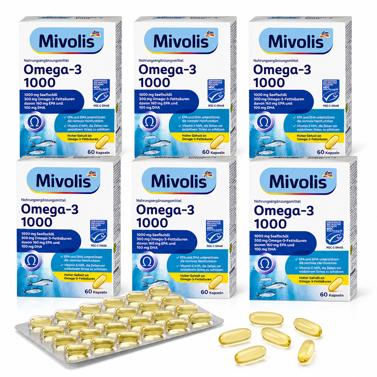 Mivolis Omega-3 1000 360 Capsules | Value Pack 6 × 60 Capsules | Fish Oil Concentrate, EPA, DHA & Vitamin E | Heart Health Support