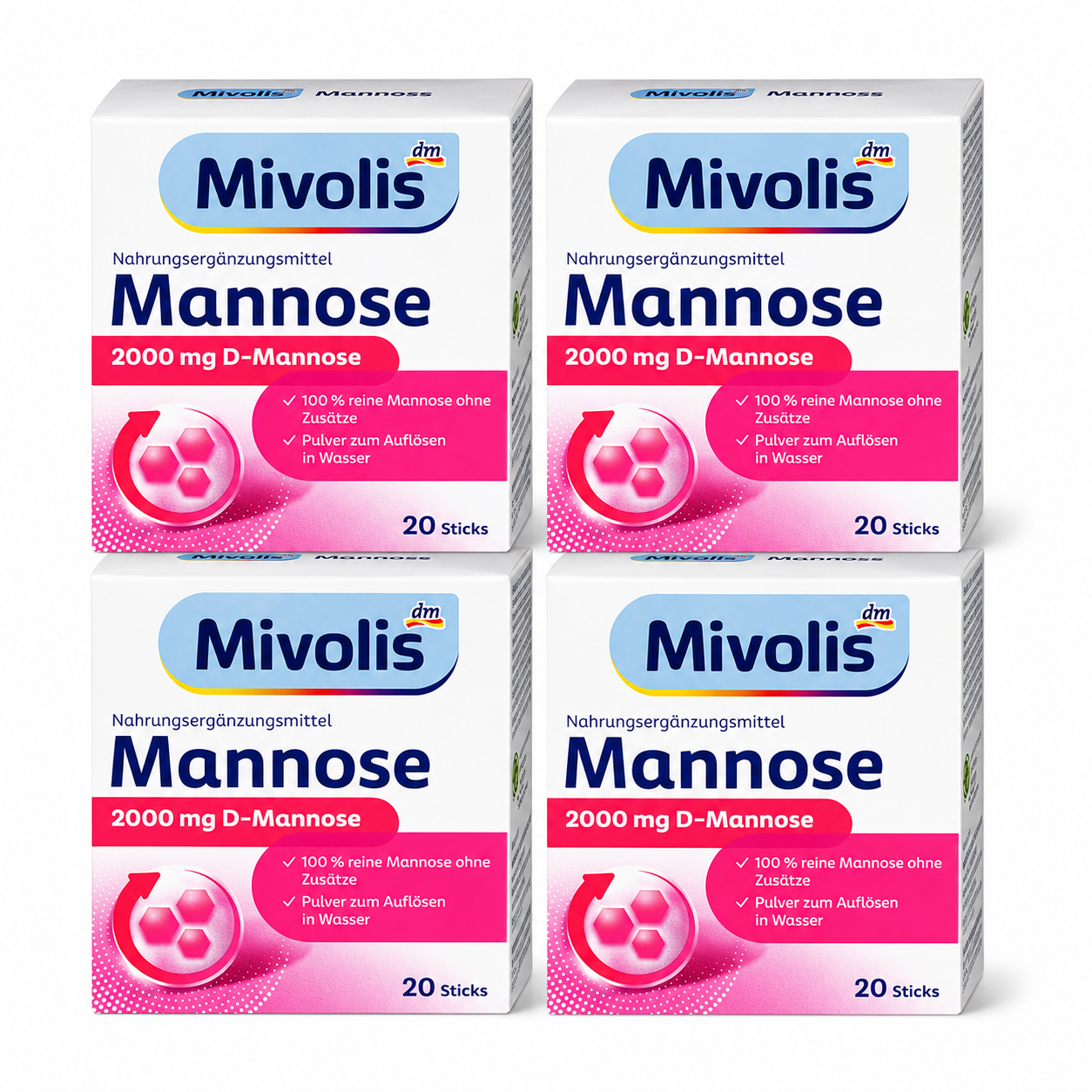Mivolis D-Mannose Sticks | Value Pack | 4 × 20 Sticks | 2,000 mg Pure D-Mannose per Stick | 100% Natural D-Mannose from Corn | Made in Germany