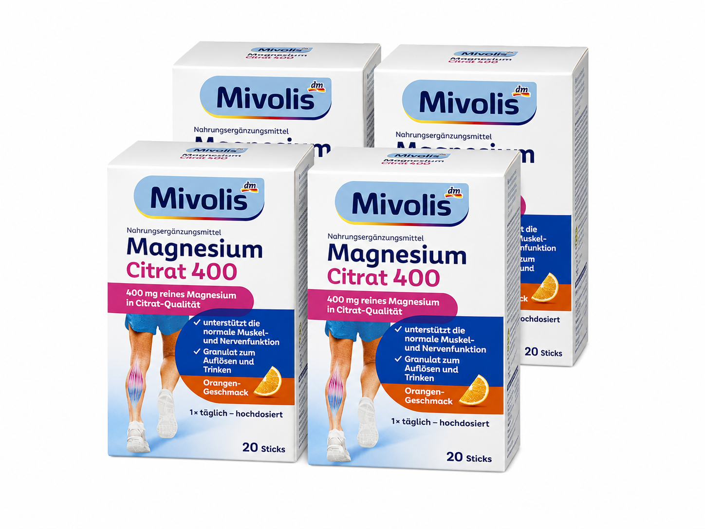 Mivolis Magnesium Citrate 400 Granules 80 Sticks | 4 Boxes × 20 Sticks 80 Daily Servings | High-Strength Magnesium Citrate | Orange Flavor | Vegan | Made in Germany | GTIN 4066447833300