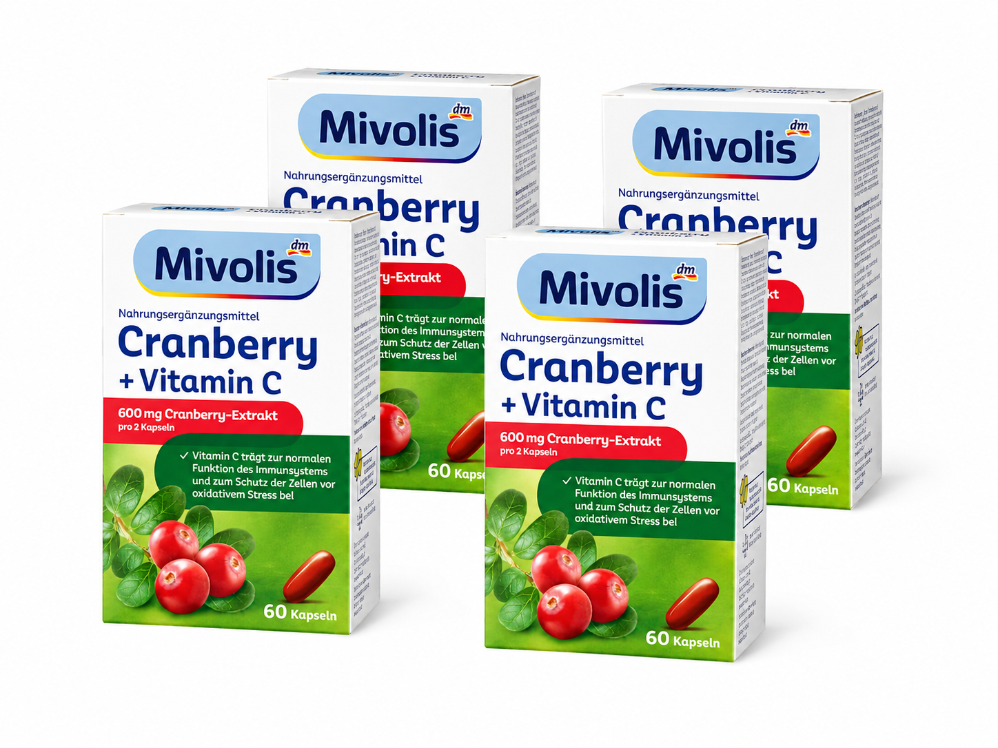 Mivolis Cranberry + Vitamin C Capsules 240 Capsules | Family Value Pack 4 × 60 Capsules | Cranberry Extract & Vitamin C | Immune Support & Antioxidant Protection | Made for Daily Wellness