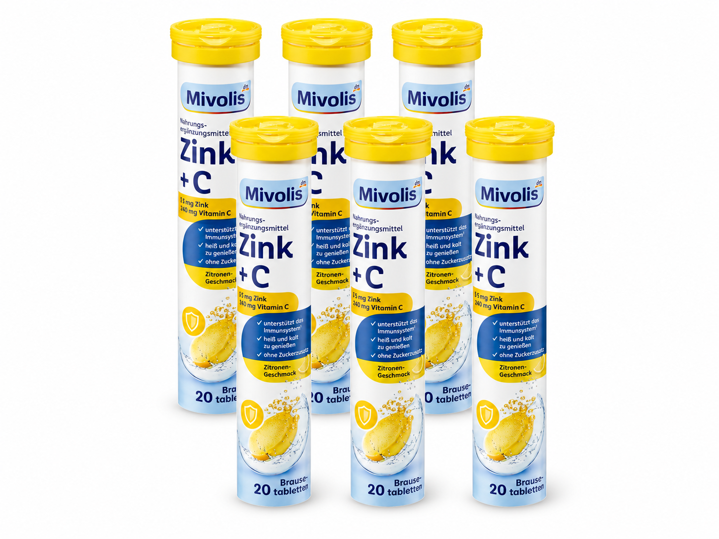 Mivolis Zinc + Vitamin C Effervescent Tablets 120 Tablets | Family Value Pack 6 × 20 Tablets | Immune System Support | Orange Flavor | Vegan | Made in Germany