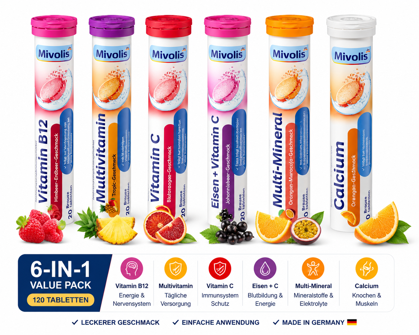 Mivolis Effervescent Tablets Variety Pack 120 Tablets | 6 Different Formulas × 20 Tablets | Calcium, Vitamin C, Vitamin B12, Iron+C, Multi Mineral & Multivitamin | Made in Germany