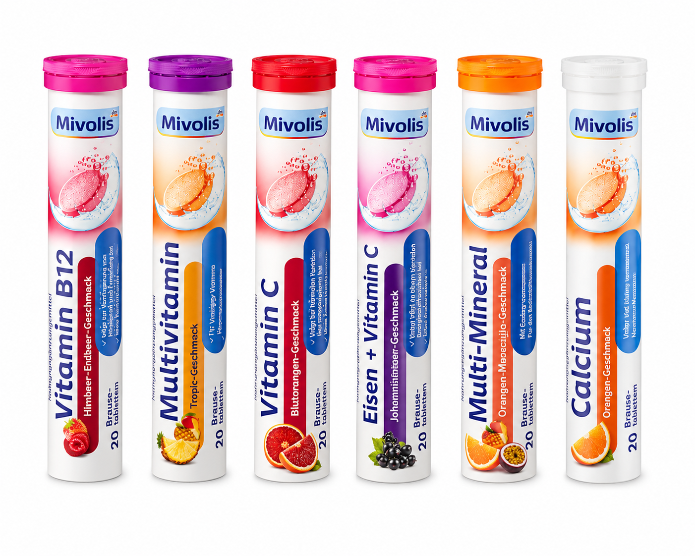 Mivolis Effervescent Tablets Variety Pack 120 Tablets | 6 Different Formulas × 20 Tablets | Calcium, Vitamin C, Vitamin B12, Iron+C, Multi Mineral & Multivitamin | Made in Germany
