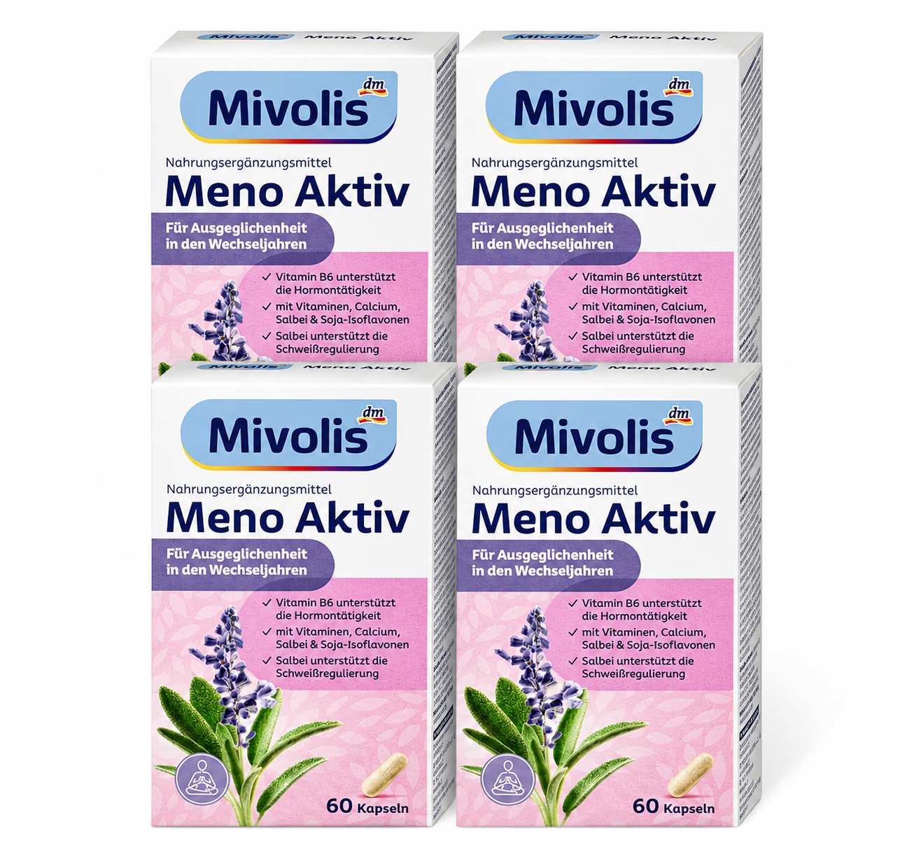 Mivolis Meno Aktiv Capsules 240 Capsules | 4 × 60 Capsules | Menopause Support with Sage, Soy Isoflavones, Calcium & Vitamins | Made in Germany