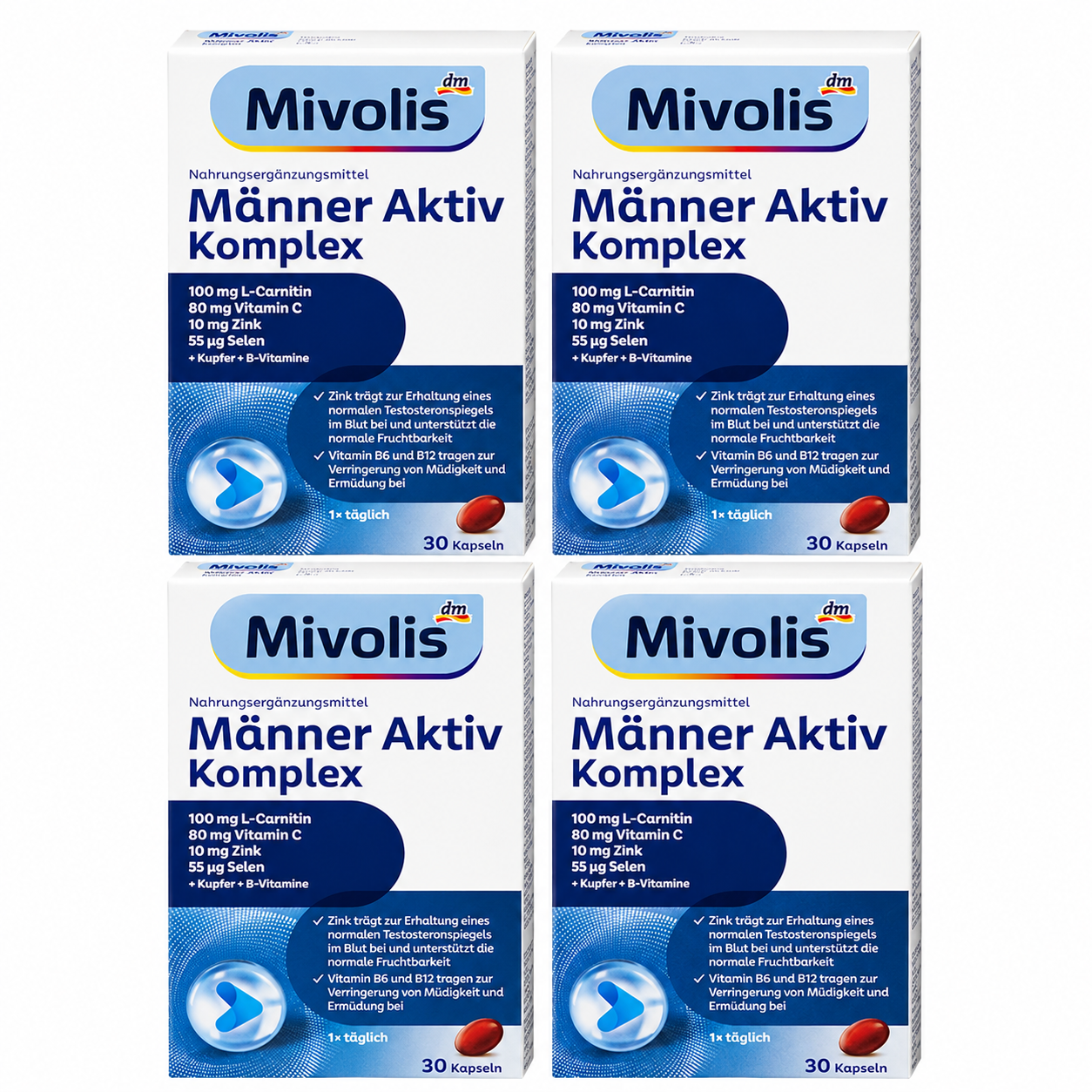 Mivolis Men Active Complex Capsules 120 Capsules | 4 × 30 Capsules | L-Carnitine, Pumpkin Seed Oil, Astaxanthin, Zinc & Vitamins | Men's Daily Wellness | Made in Germany