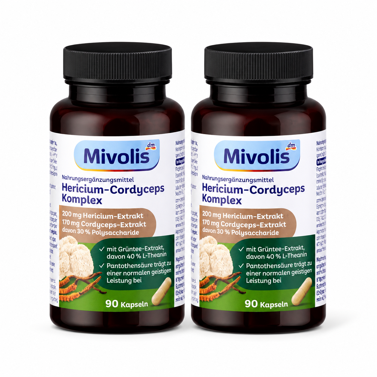 Mivolis Hericium Cordyceps Complex Capsules 180 Capsules | 2 × 90 Capsules | Hericium, Cordyceps, Green Tea Extract, L-Theanine & B Vitamins | Vegan | Made in Germany
