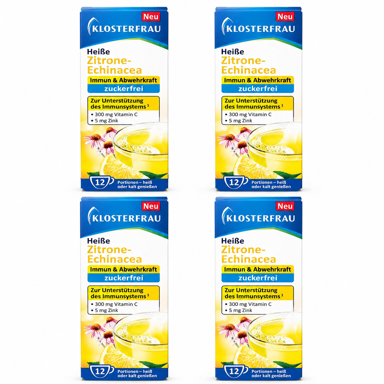 Klosterfrau Heiße Zitrone + Echinacea Sugar Free 48 Sachets | 4 × 12 Sachets | Vitamin C, Zinc & Echinacea | Hot Lemon Drink | Immune Support | Made in Germany PZN 19251638