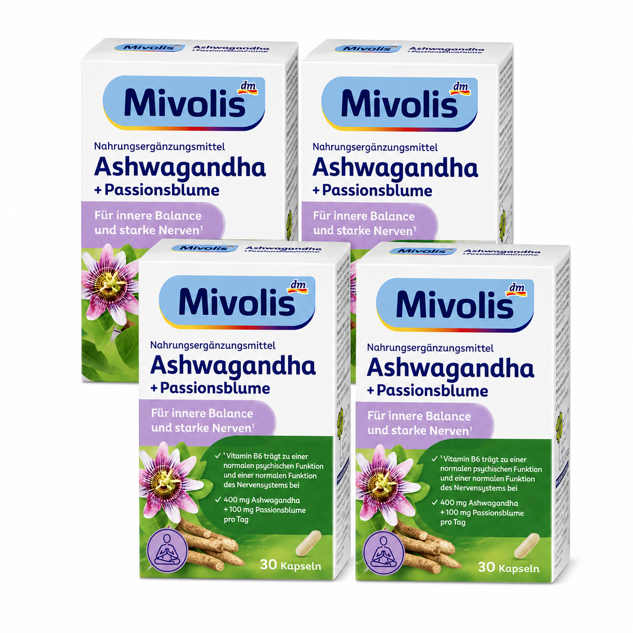 Mivolis Ashwagandha + Passion Flower Capsules 4 Pack | 4 × 30 Capsules | Ashwagandha Extract, Passion Flower & B Vitamins | Inner Balance & Nervous System Support | Vegan | Made in Germany