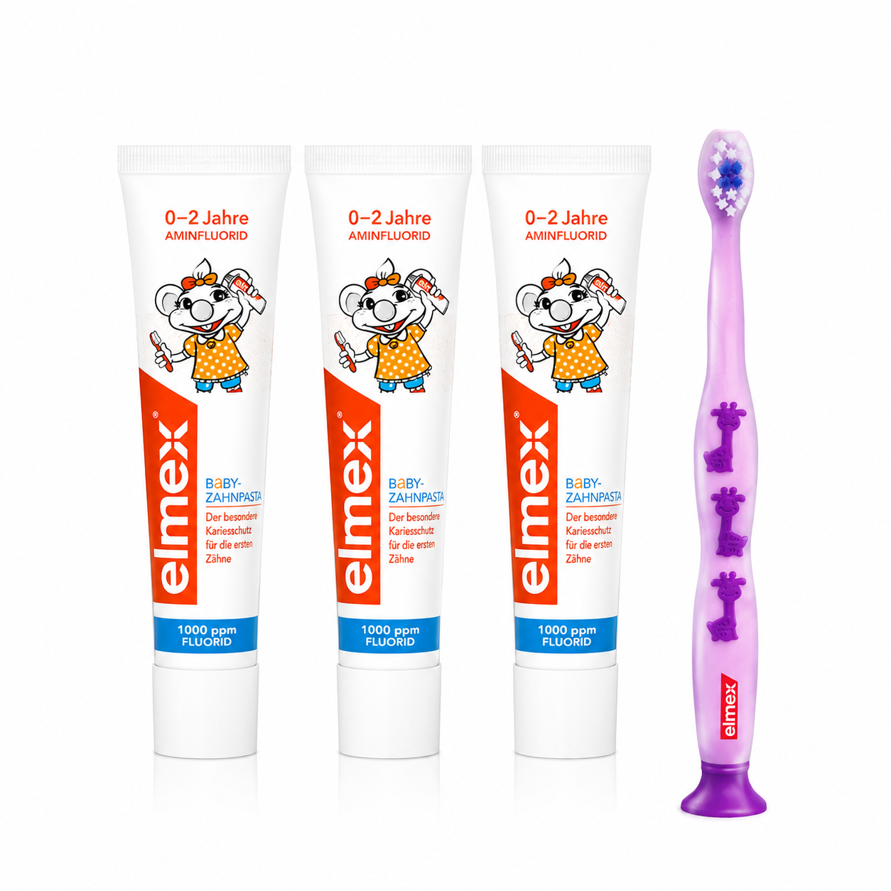 elmex Baby Oral Care Set 0–2 Years | 3× Baby Toothpaste 50 ml + Learning Toothbrush | First Milk Teeth | PZN 16783375 + 01561249