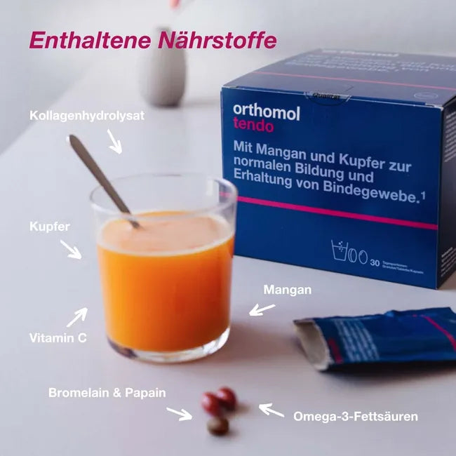 Orthomol Tendo | Collagen, Glucosamine, Chondroitin, Hyaluronic Acid, Bromelain & Omega-3 for Connective Tissue | 30 Daily Servings | PZN 00200696