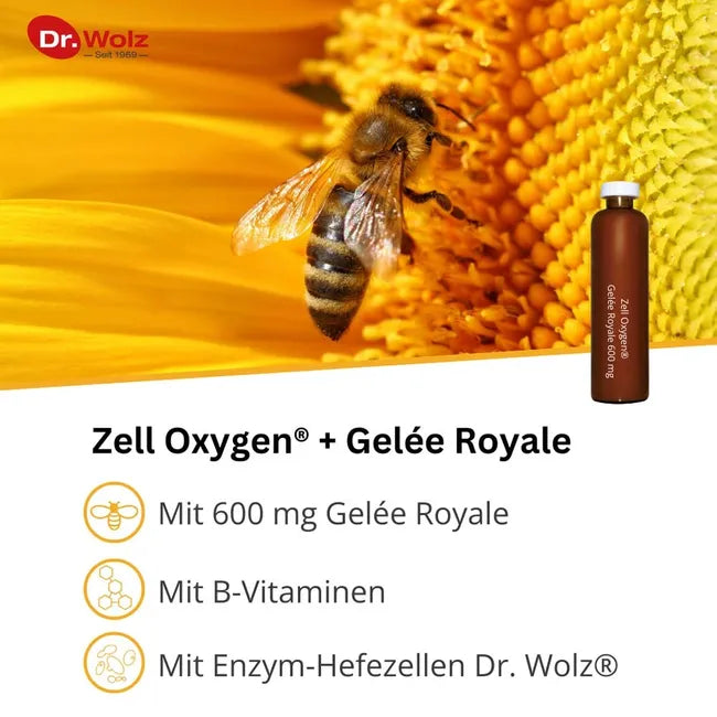 Dr. Wolz Zell Oxygen® + Royal Jelly 600 mg | Enzyme Yeast Cells + B Vitamins for Energy & Vitality | 14 Drinking Vials | PZN 00447273