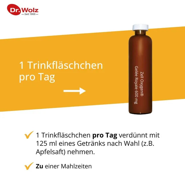 Dr. Wolz Zell Oxygen® + Royal Jelly 600 mg | Enzyme Yeast Cells + B Vitamins for Energy & Vitality | 14 Drinking Vials | PZN 00447273