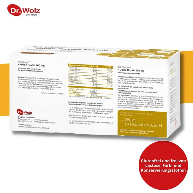 Dr. Wolz Zell Oxygen® + Royal Jelly 600 mg | Enzyme Yeast Cells + B Vitamins for Energy & Vitality | 14 Drinking Vials | PZN 00447273