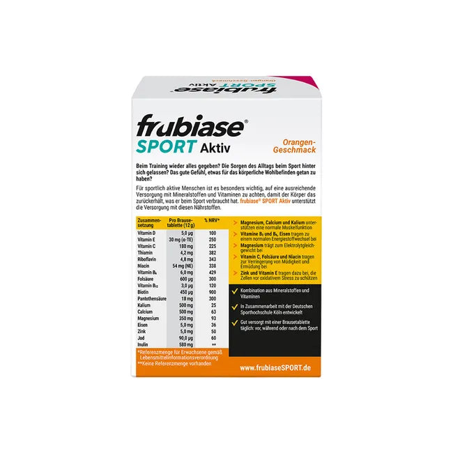 frubiase SPORT Orange 20 Effervescent Tablets | Sports Electrolyte & Multivitamin Effervescent Tablets | Magnesium, Calcium, Potassium & Vitamin C | Orange Flavor | PZN 00737396
