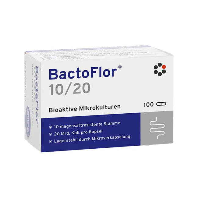 BactoFlor 10/20 | 10-Strain Probiotic Complex + Inulin | 20 Billion CFU per Capsule | Gut Microbiome Support | Vegan | 100 Capsules | PZN 01124690