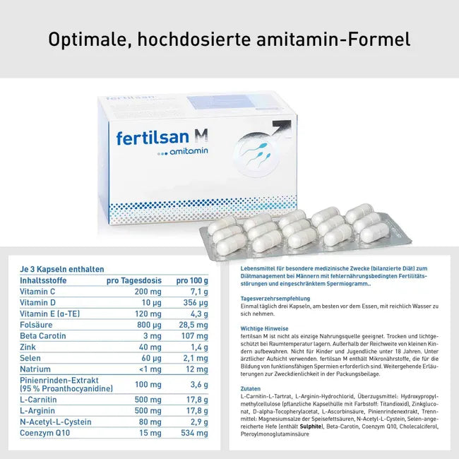 amitamin fertilsan M | L-Arginine, L-Carnitine, Zinc, Selenium, CoQ10 & Antioxidants | Male Fertility Nutritional Support | 90 Capsules | PZN 01476816