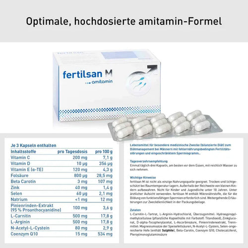 amitamin fertilsan M | L-Arginine, L-Carnitine, Zinc, Selenium, CoQ10 & Antioxidants | Male Fertility Nutritional Support | 90 Capsules | PZN 01476816