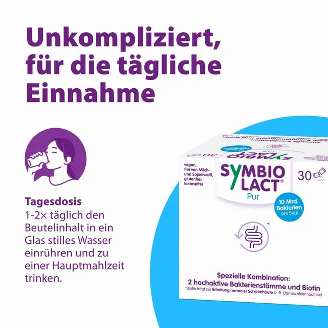 SymbioLact Pur Hypoallergenic Probiotic 30 Sachets | 2 Live Probiotic Strains | Up to 10 Billion CFU + Inulin & Biotin | Gut Flora & Intestinal Mucosa Support | PZN 01676248