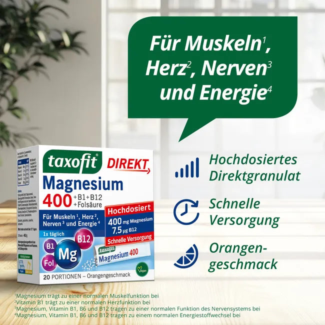 taxofit Magnesium 400 DIRECT Granules | 400 mg Magnesium + Vitamins B1, B6, B12 & Folic Acid | Muscles, Nerves & Energy | Vegan | 20 Sachets | PZN 02597700