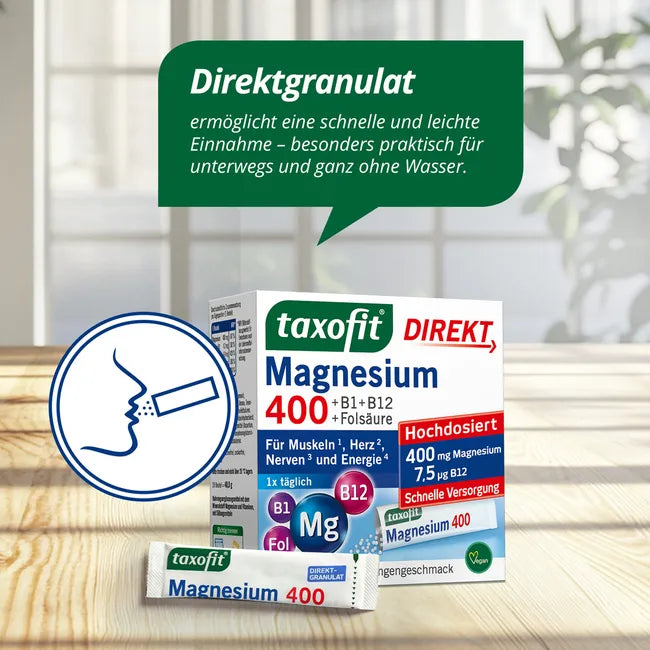 taxofit Magnesium 400 DIRECT Granules | 400 mg Magnesium + Vitamins B1, B6, B12 & Folic Acid | Muscles, Nerves & Energy | Vegan | 20 Sachets | PZN 02597700