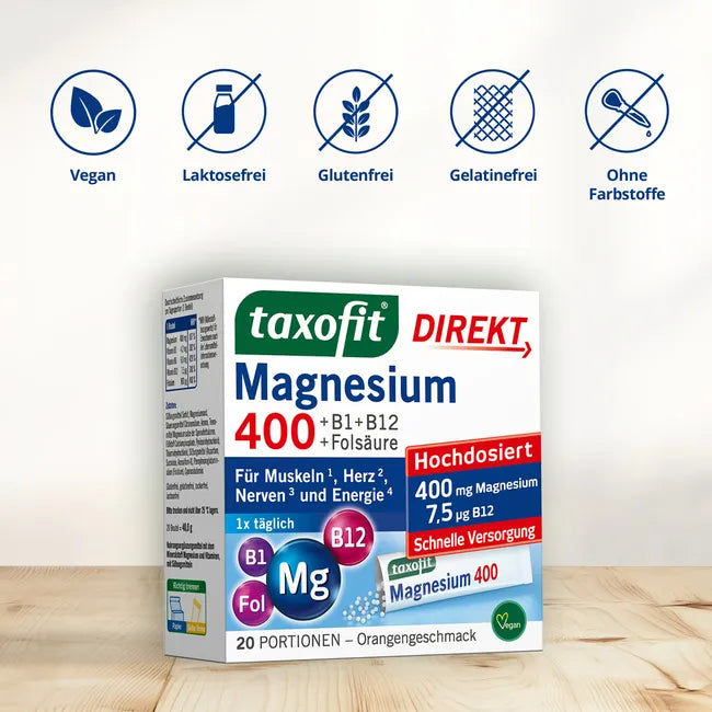 taxofit Magnesium 400 DIRECT Granules | 400 mg Magnesium + Vitamins B1, B6, B12 & Folic Acid | Muscles, Nerves & Energy | Vegan | 20 Sachets | PZN 02597700