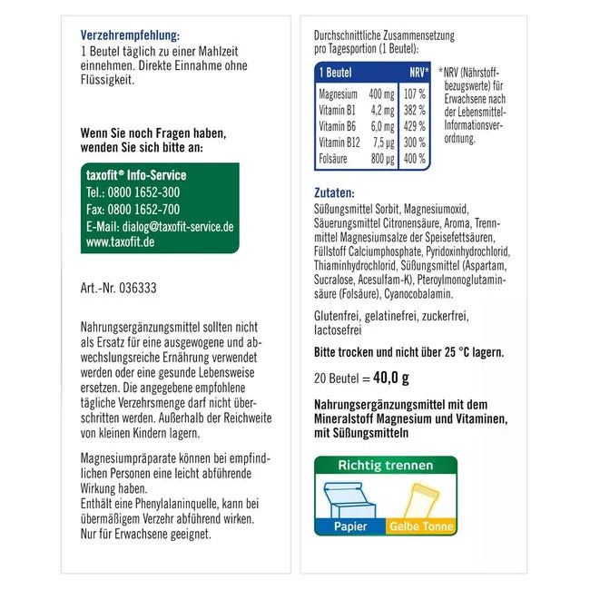 taxofit Magnesium 400 DIRECT Granules | 400 mg Magnesium + Vitamins B1, B6, B12 & Folic Acid | Muscles, Nerves & Energy | Vegan | 20 Sachets | PZN 02597700