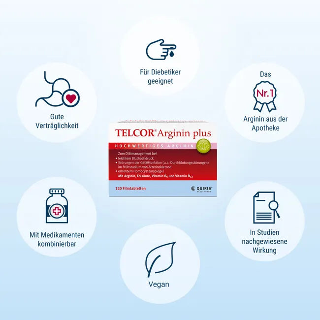 Telcor Arginin Plus 120 Film-Coated Tablets | Premium L-Arginine + Vitamin B6, B12 & Folic Acid | Vascular Nutritional Support | Vegan Made in Germany PZN 03104734