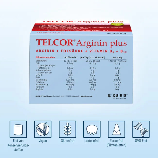 Telcor Arginin Plus 240 Film-Coated Tablets | Premium L-Arginine + Vitamin B6, B12 & Folic Acid | Vascular & Energy Nutritional Support | Vegan Made in Germany PZN 03104757